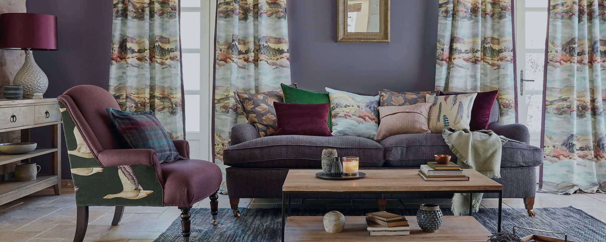 Upholstered sofa and curtains