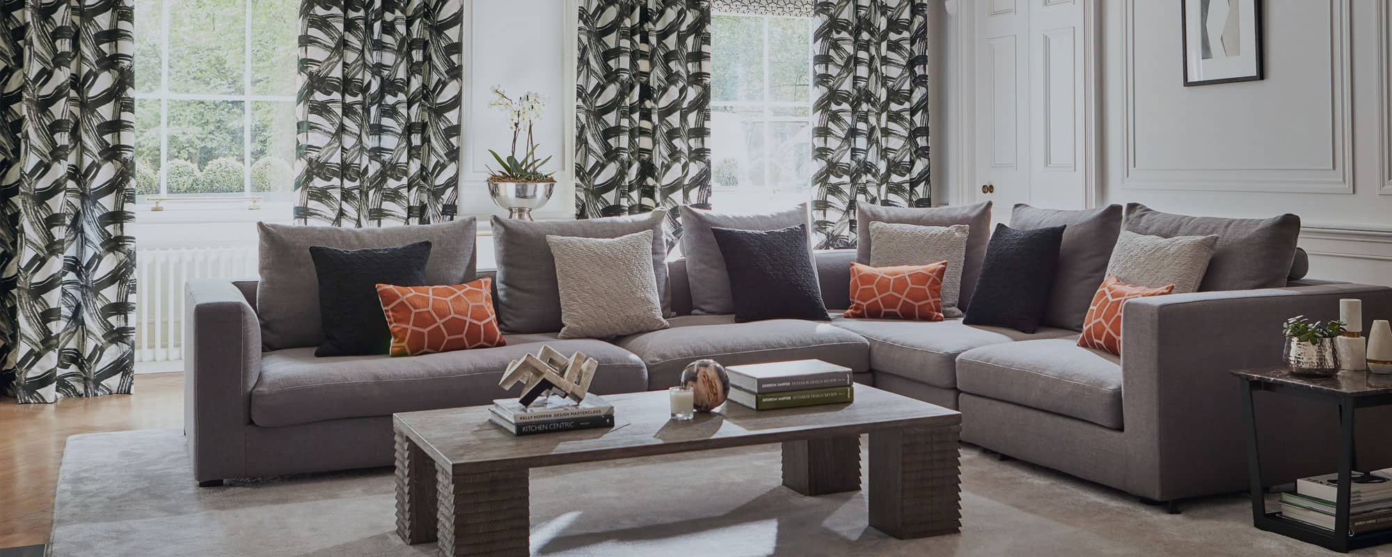 Ready made curtains and sofa in living room