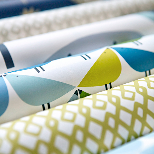 Rolls of coloured wallpaper in Wrexham showroom