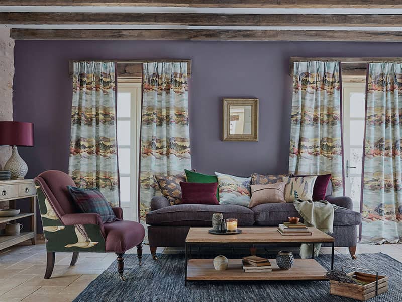 Upholstered sofa and curtains